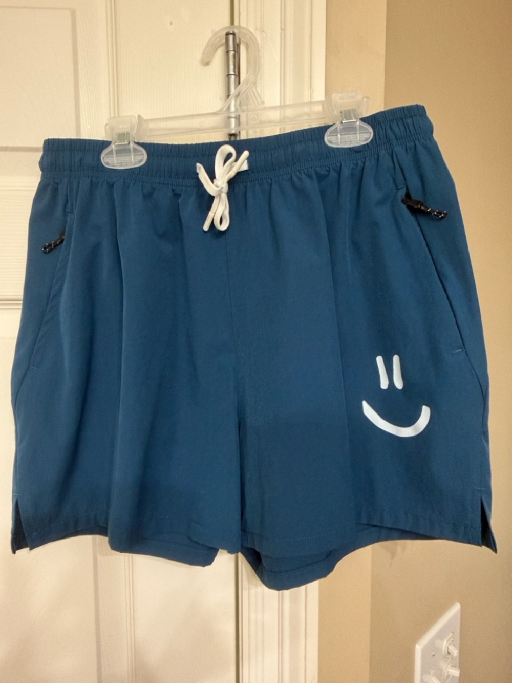 Men's Teal Athletic Shorts with White Smiley Accent and Drawstring